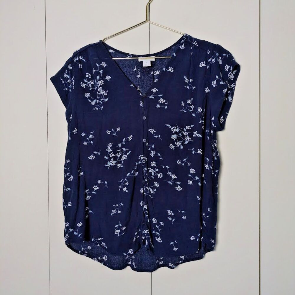 Liz Claiborne Womens Large Navy Blue Floral Blouse Button Up Short Sleeve